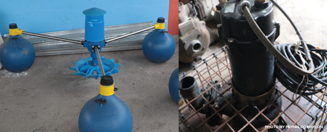 Photo at left shows one of the three aerators installed at the SLF’s treatment plant in Barangay San Isidro to treat and stabilize wastewater. At right is the submersible sewage pump that will drain the wastewater out of the plant after it is aerated.