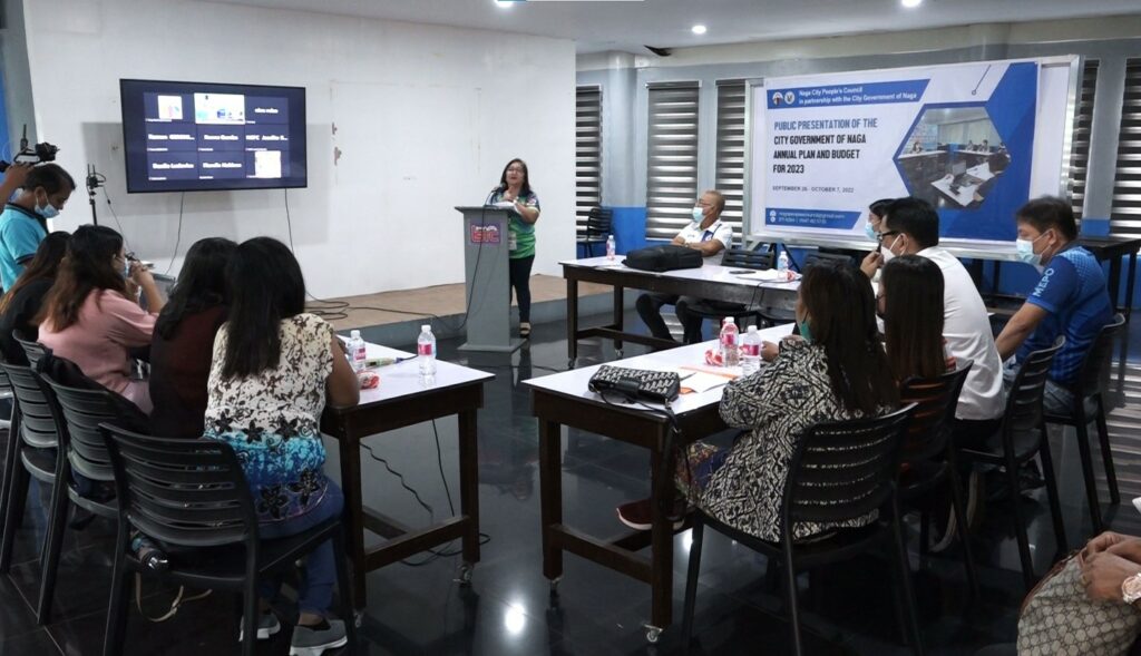 PUBLIC PRESENTATION Annabel Vargas, head of the City Social Welfare and Development Office of the city government of Naga, takes her turn to discuss the proposed budget of her office for year 2023 along with the representatives of the Naga City People’s Council (NCPC).