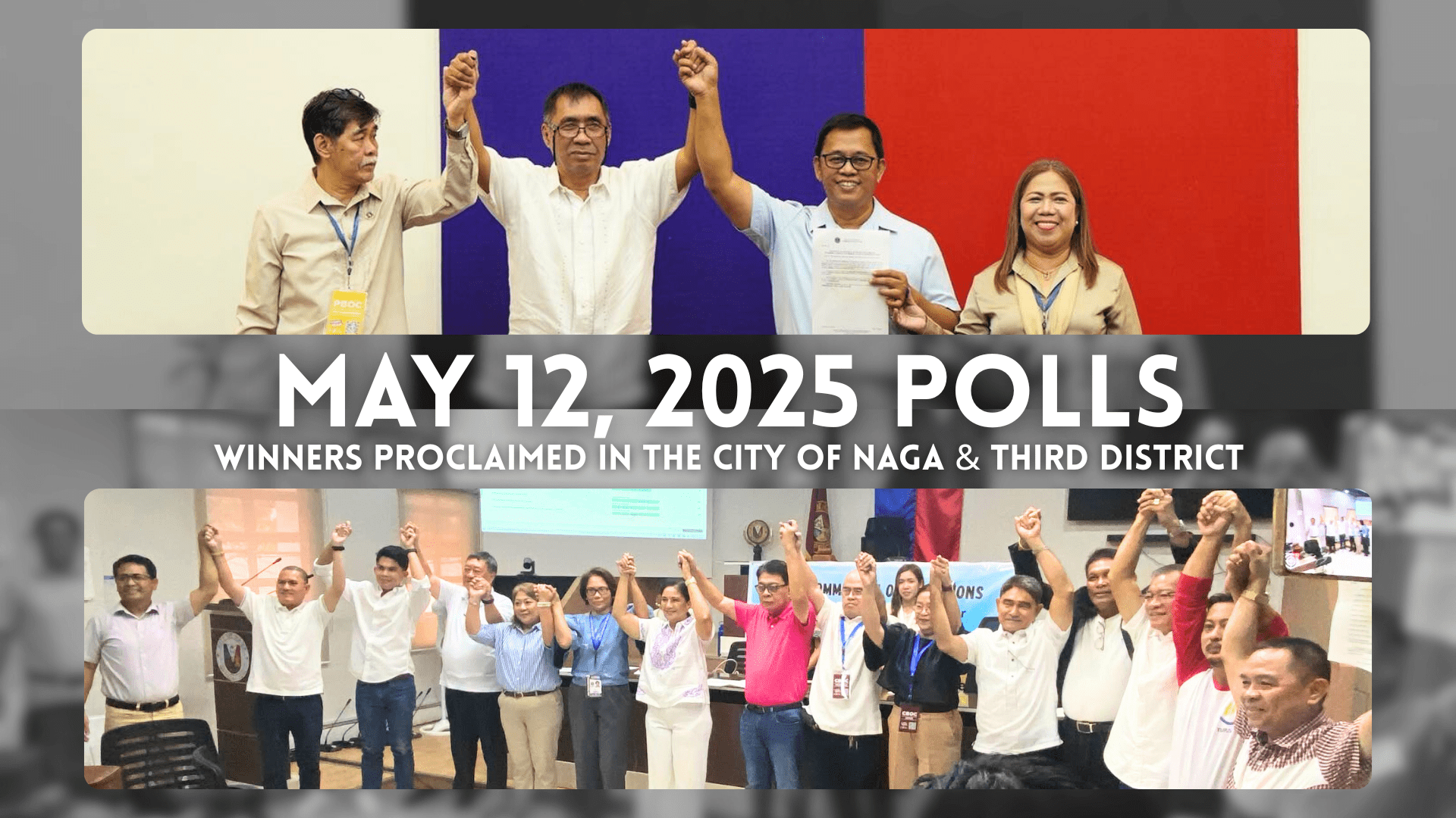 Newly elected officials for the City of Naga and Third District proudly raise their arms in celebration as they are officially proclaimed winners of the May 12, 2025 election polls.